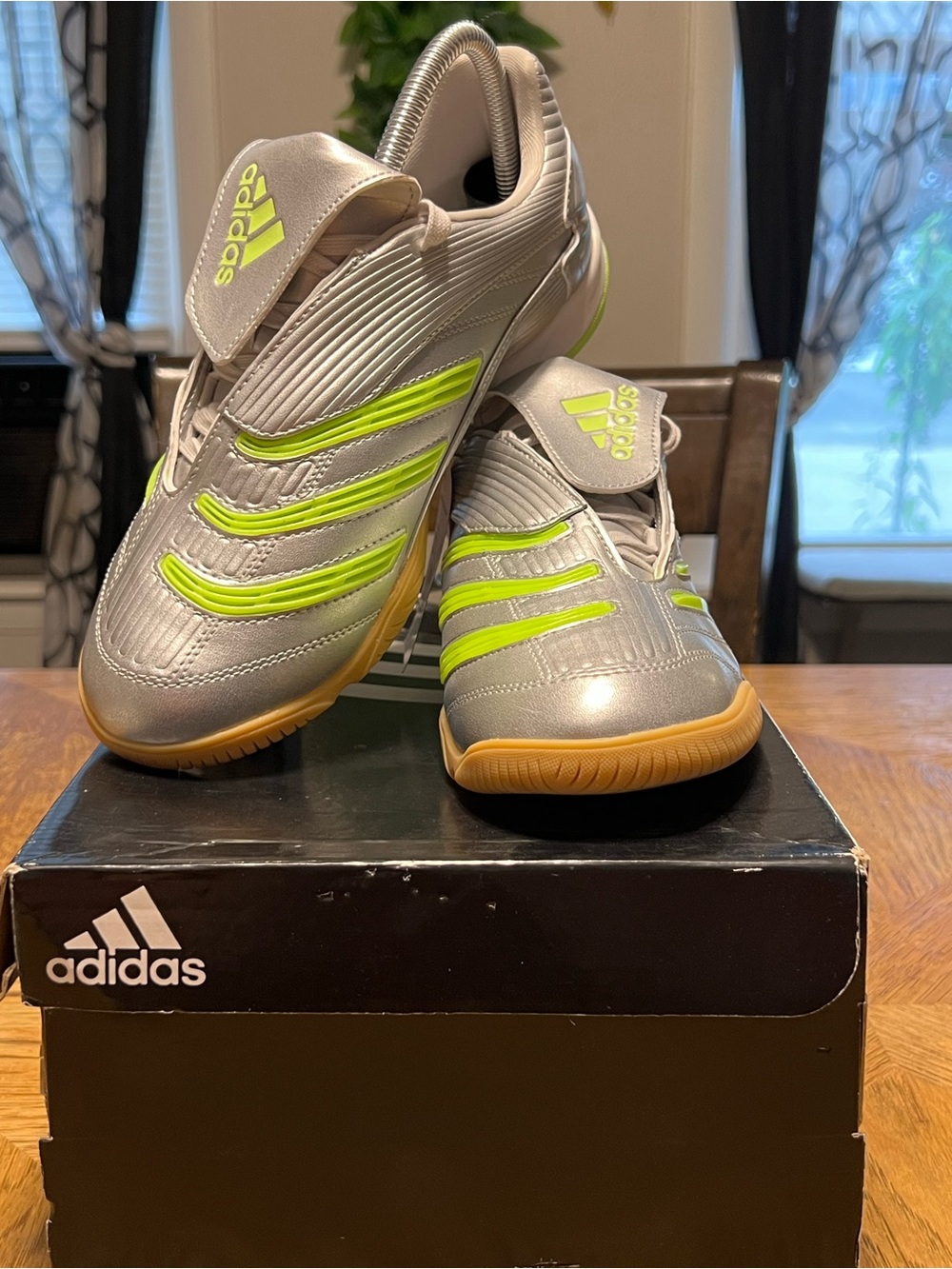 adidas Kids Indoor Soccer Shoes - Silver with Neon Green Accents